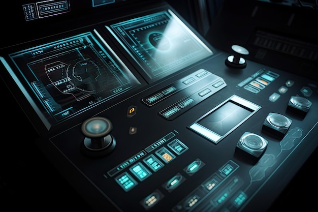 Futuristic central control panel Operator workplace with a lot of screens and buttons Generative AI