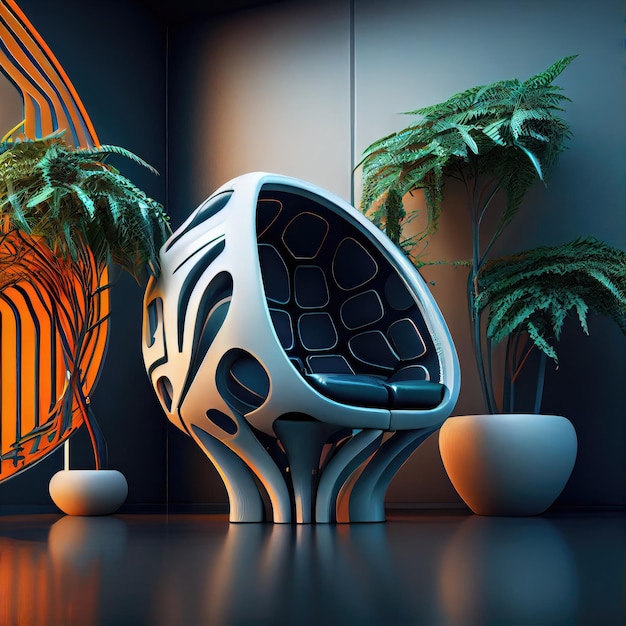 Futuristic chair with plant decoration in room of scifi futuristic interior created with generative