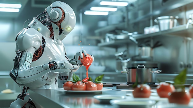 Futuristic Chef Robot preparing a tomato dish in a modern kitchen