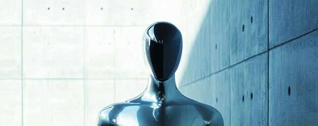 Futuristic chrome humanoid robot standing against a concrete wall