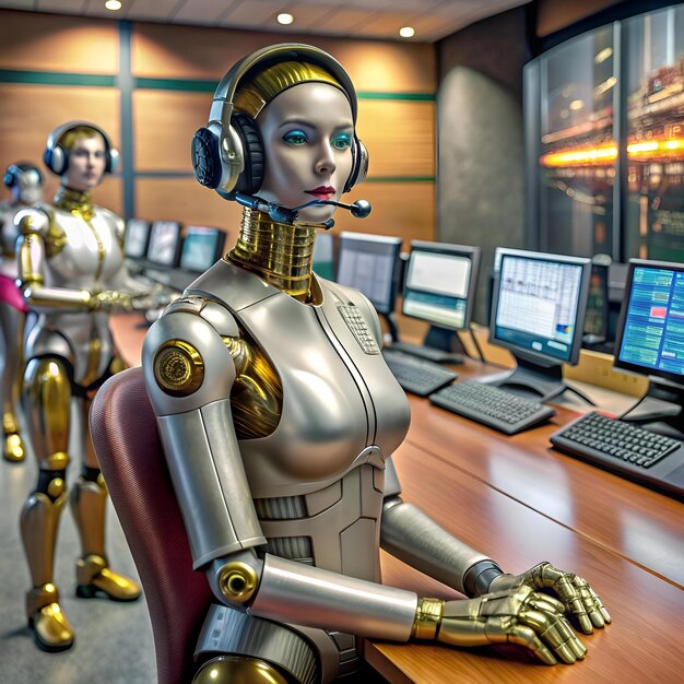 A futuristic chrome plated robot with a headset sits at a desk in a high tech office ready to assist with customer support or technical inquiries