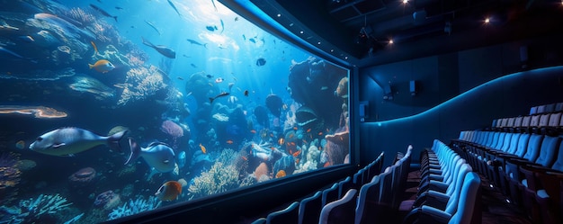 A futuristic cinema with immersive holographic screens and advanced sound systems