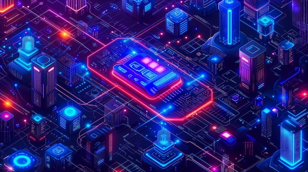 Futuristic Circuit Board City with Glowing Elements