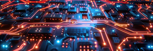 Futuristic circuit board maze glowing with data flow the heart of machine intelligence