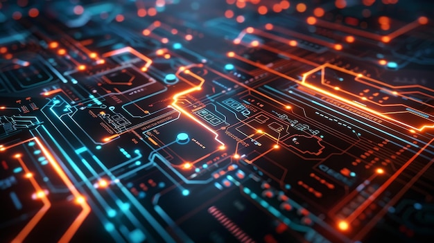 Futuristic Circuit Board with Glowing Orange and Blue Lines Abstract image of a circuit board