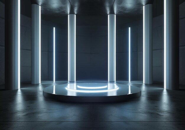 Photo futuristic circular podium in a modern empty room with vertical led lights