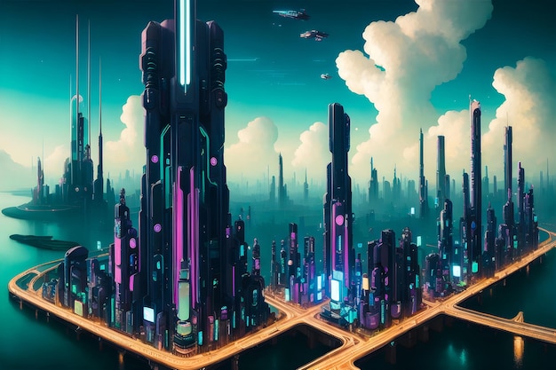 Futuristic City Buildings Funky Cyberpunk modern art illustration Generative AI