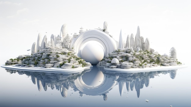 Photo a futuristic city built on an island with white buildings and a large sphere in the center