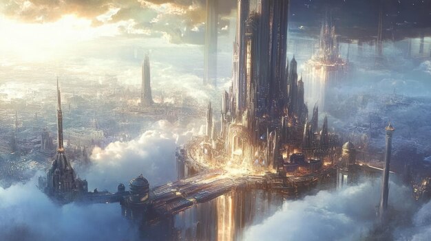 A futuristic city built on top of clouds with a central tower