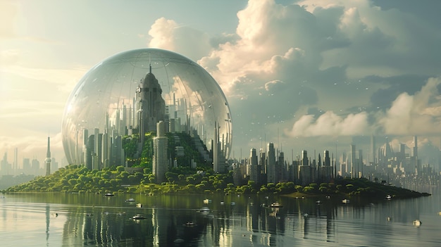 Photo futuristic city on domeshaped island floating on water with spherical structures