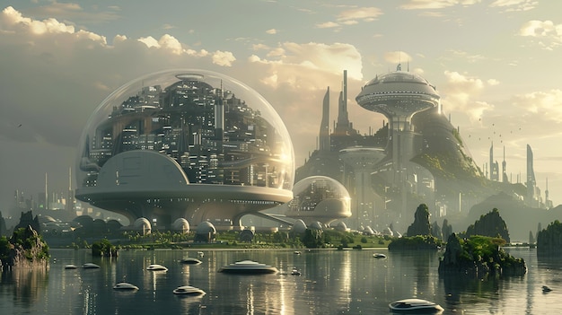 Photo futuristic city on domeshaped island floating on water with spherical structures