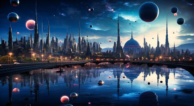 Futuristic city in the evening light