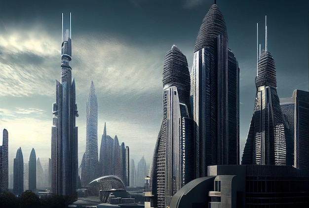 Futuristic city in evening tall buildings view generative AI