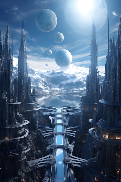 A futuristic city on an extraterrestrial crystalline world realistic photo