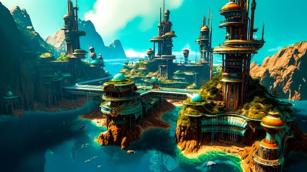 Futuristic city on floating island surrounded by mountains Generative AI