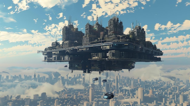 A futuristic city hovers in the sky above a cloudy cityscape