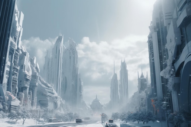 Futuristic City Landscape with Advance Technology and High Skyscraper Building in Snow Winter Season