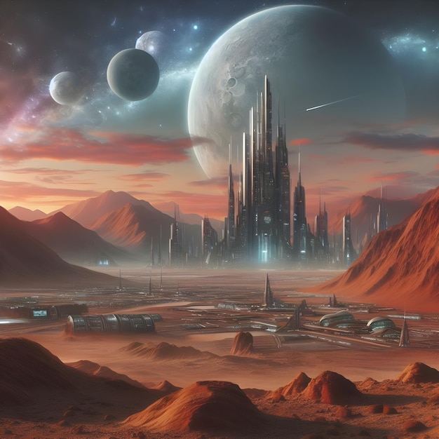 Futuristic city in mars at the background