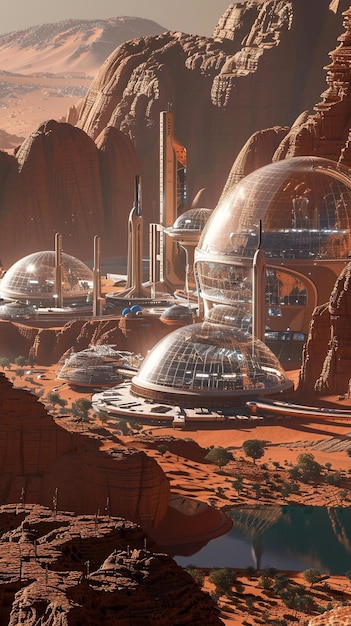 Photo futuristic city on mars with domed habitats and terraformed landscapes