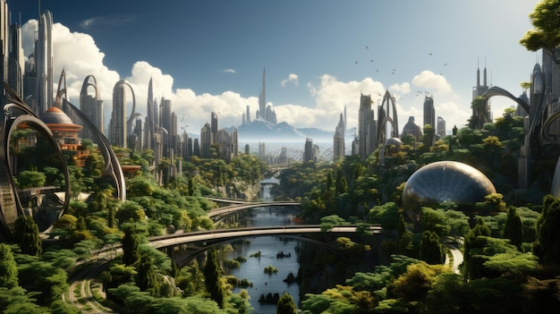 Futuristic City Merges Greenery with Modern Architectural Design