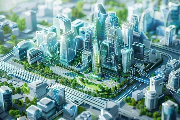 Futuristic city model with green spaces and digital network overlays