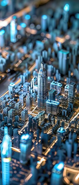 Futuristic city model with interactive touch points used by developers to plan and sell residential spaces in a virtual environment