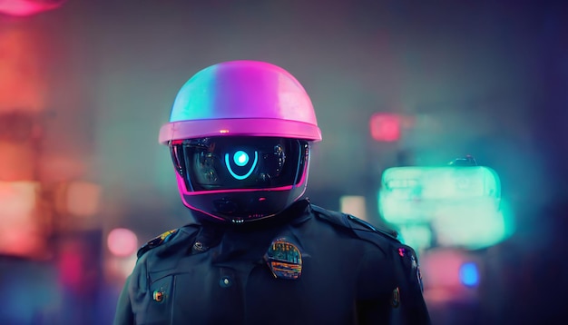 Futuristic city night scene with robot policeman Ai generated art