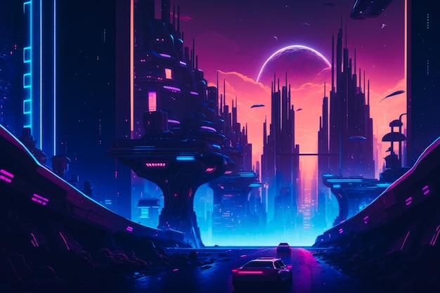 Futuristic city at night with car in the foreground and distant planet in the background Generative AI