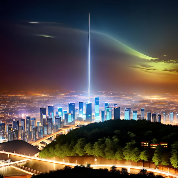 Futuristic city at night with light in the sky generative art by AI