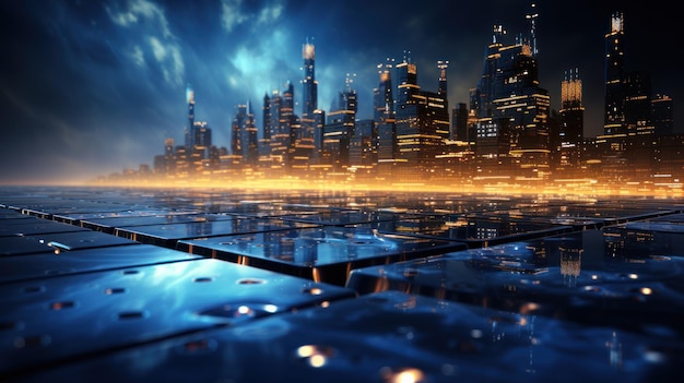 futuristic city at night with lights and reflections