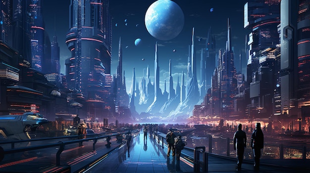 A futuristic city at night with people