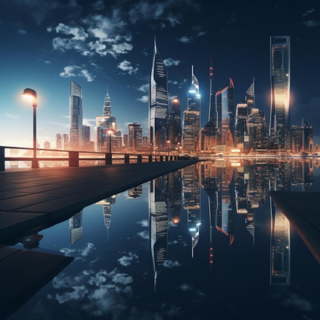 Futuristic city at night with reflection in water 3d rendering