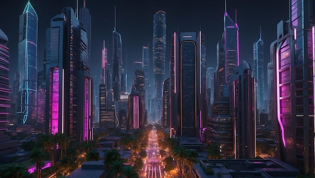 A futuristic city at night with tall buildings lit up in various colors of neon light A futuristic