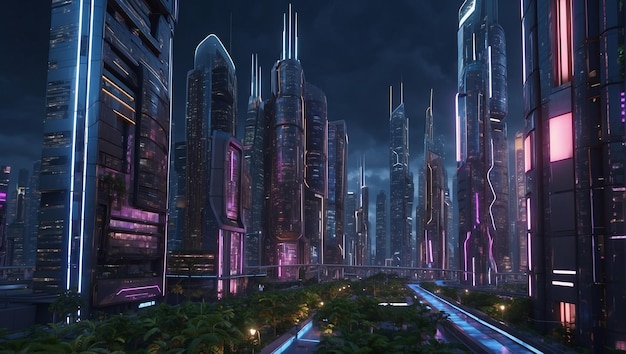 A futuristic city at night with tall buildings lit up in various colors of neon light A futuristic