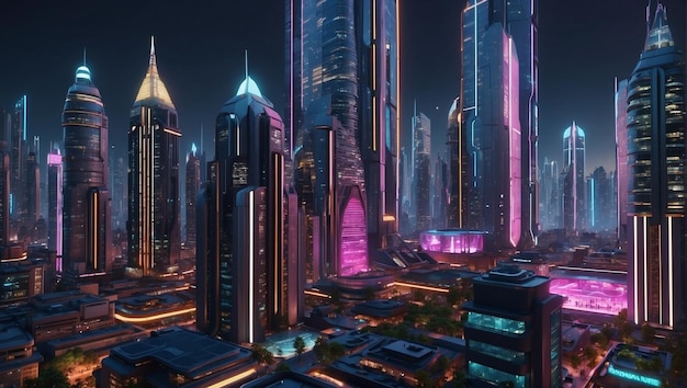 A futuristic city at night with tall buildings lit up in various colors of neon light A futuristic