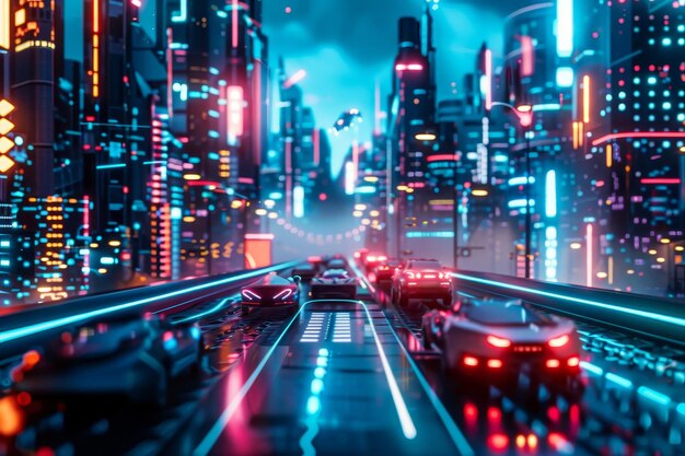 Photo a futuristic city at night with vibrant neon lights illuminating the skyscrapers and streets show a futuristic cityscape with neon lights and flying cars