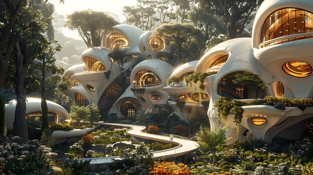 Futuristic city park with advanced architecture and robotic maintenance amidst lush greenery and vibrant flowers