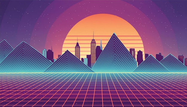 Futuristic City Retro background landscape 1980s style Retro 80s SciFi background city Landscape