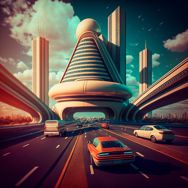 Futuristic city in retro style Cars are driving on the highway