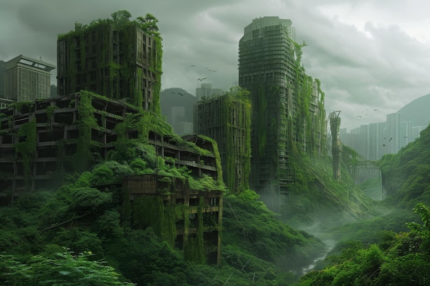 A Futuristic City Rising Amidst the Jungle An overgrown abandoned Earth city centuries after humanitys departure AI Generated