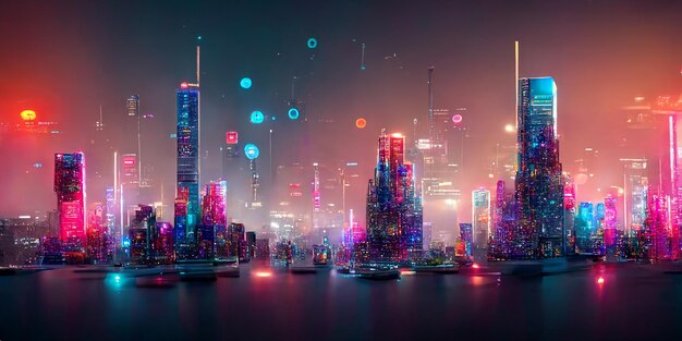 Futuristic city scene in a space with a grow light reflex