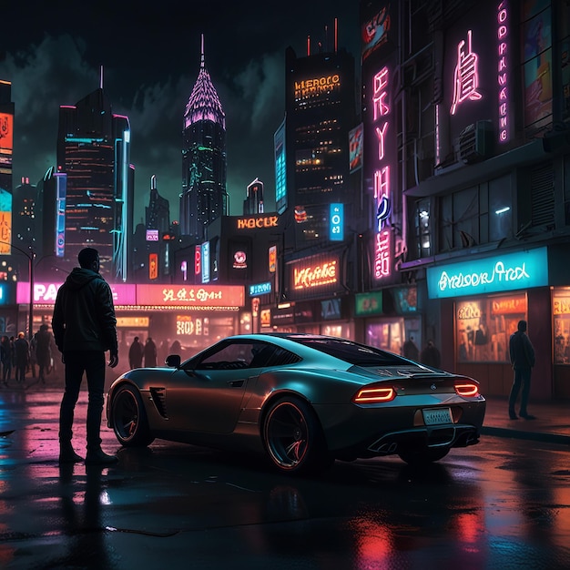 futuristic city scene with a man standing in front of a futuristic car _Ai generated