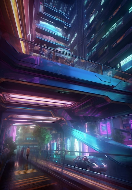 Futuristic city scene with a train passing through a tunnel generative ai