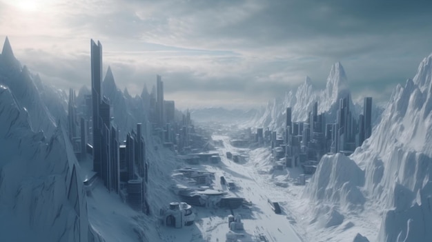 Futuristic city showing snow covered storm weather wallpaper image AI generated art