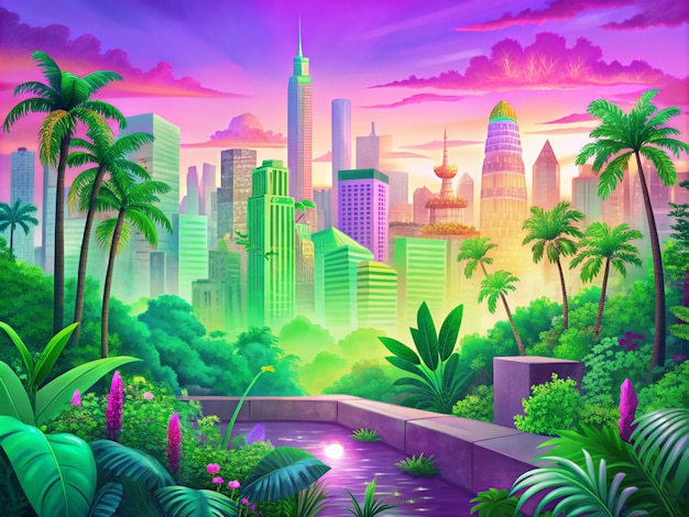 Photo a futuristic city skyline blends seamlessly with lush vibrant jungle vegetation surreal scenery