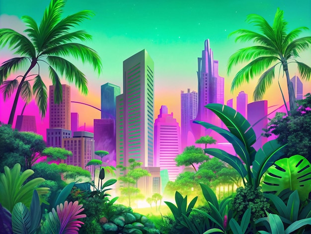 Photo a futuristic city skyline blends seamlessly with lush vibrant jungle vegetation surreal scenery