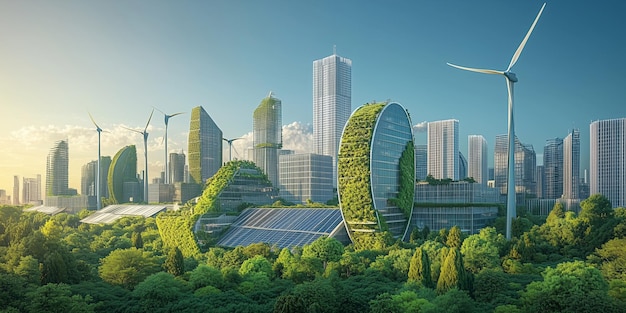 Photo a futuristic city skyline featuring buildings covered in solar panels wind turbines