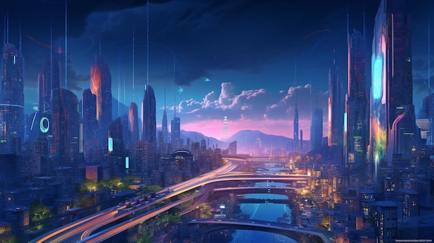 A futuristic city skyline fueled by clean energy sources such as solar panels and Generative AI