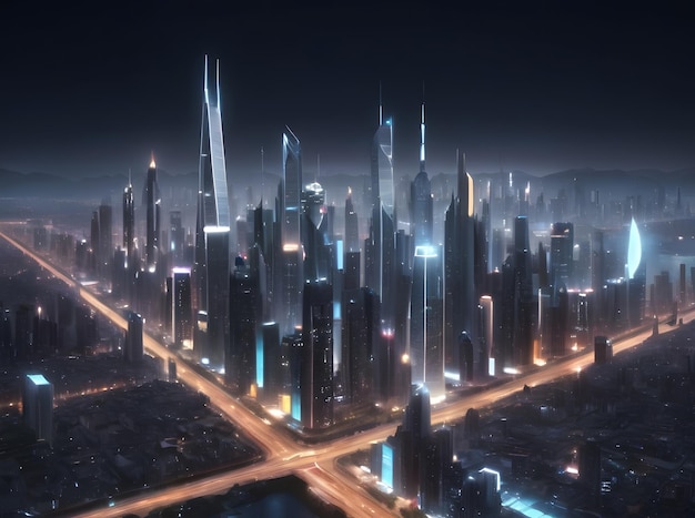 Futuristic City Skyline Glowing with Night Lights Generative AI