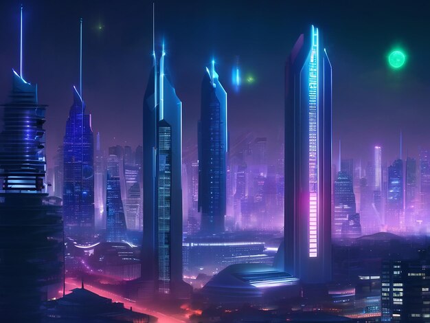 Futuristic city skyline glows with illuminated skyscrapers at night